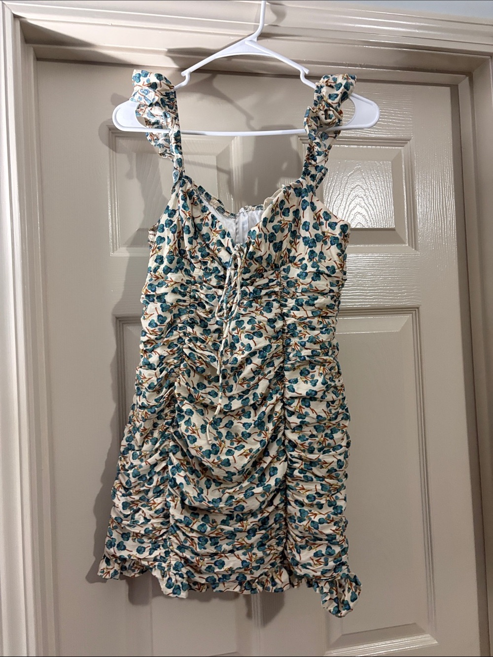 Floral Ruched Mini Dress in Cream and Teal